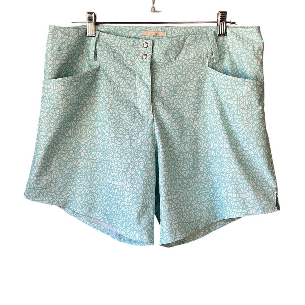 Adidas Womens Teal White Geometric Mosaic Print Golf Shorts Size 12 Performance